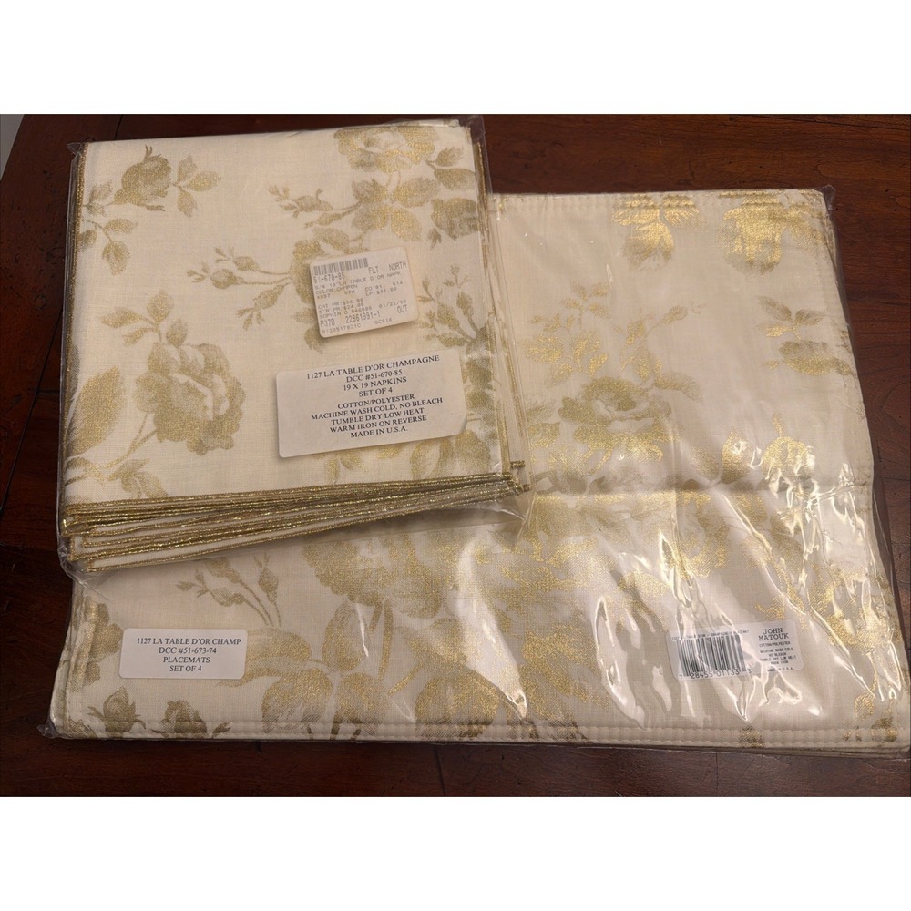 Matouk La Table d'Or Champagne Damask Placemats‎ & Napkins Set of 8 Luxury Gold